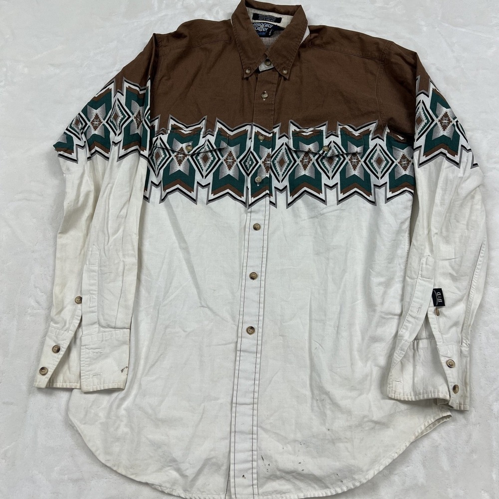 Brooks & Dunn Western Shirt Mens ML White Brown Aztec Print Long Sleeve ButtonUp